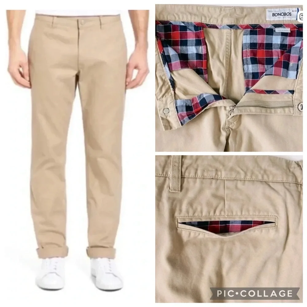 Bonobos Men’s Straight Fit Cotton Twill Chinos Khaki Plaid Accents 35x32